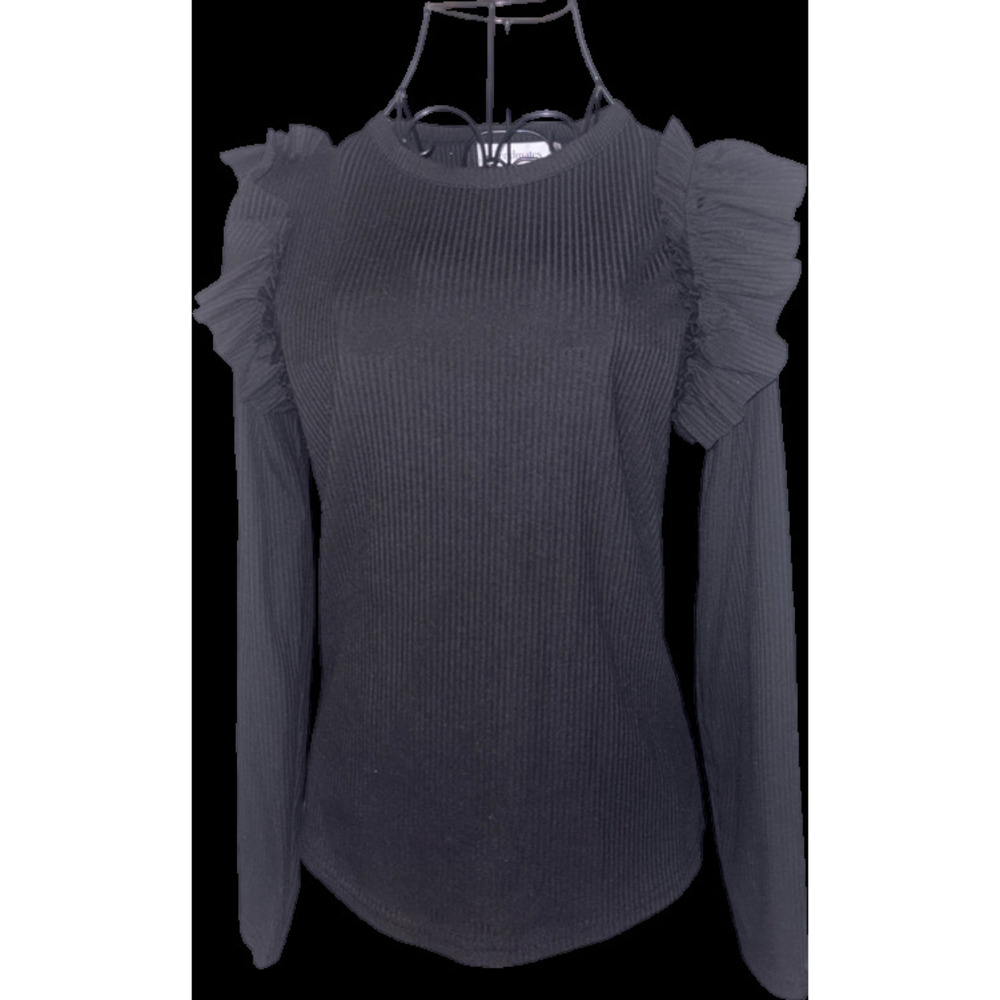Ribbed long sleeve top with ruffle shoulders